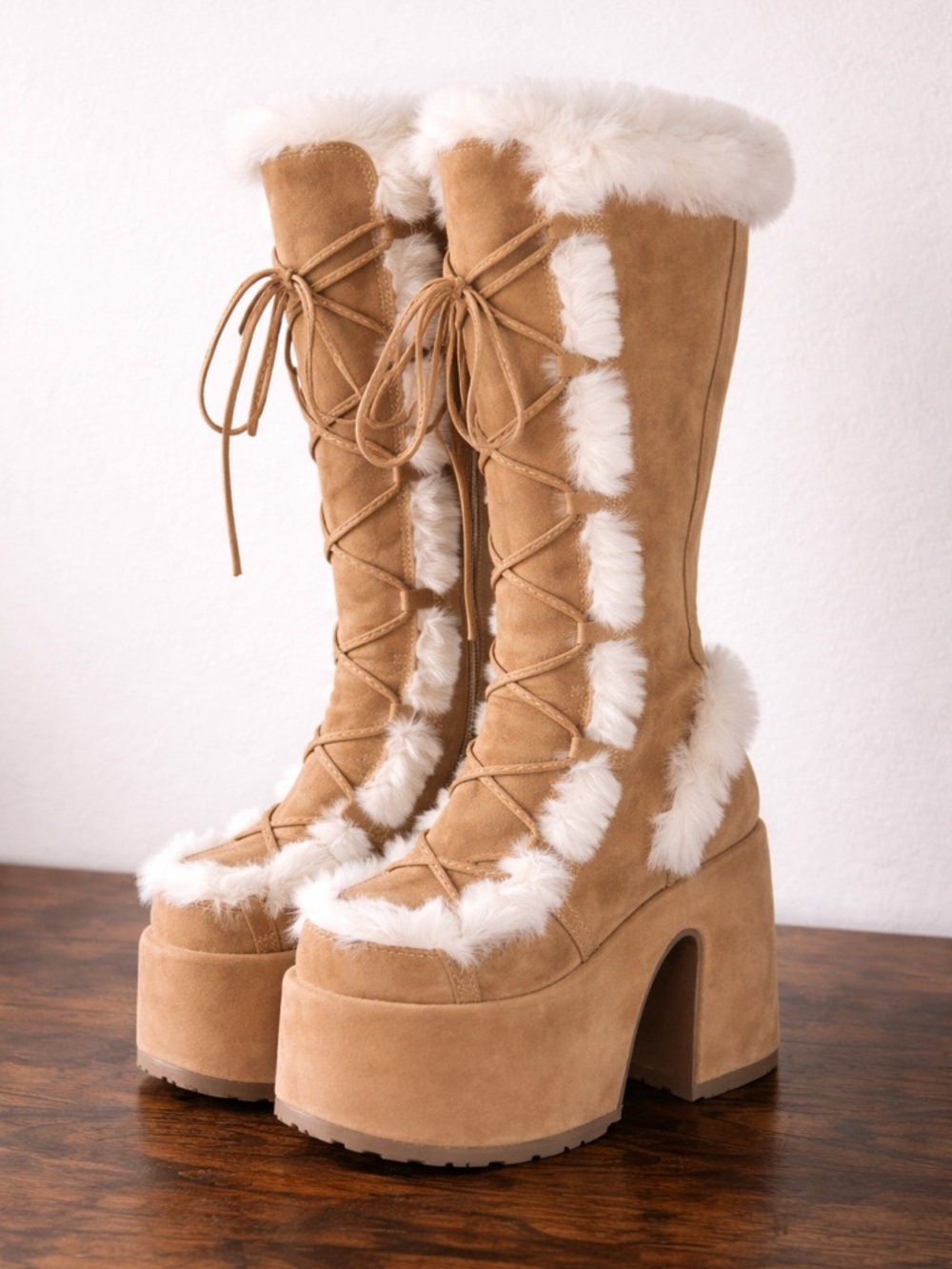 DEMONIA Women’s Tan Faux-Fur Platform Lace-Up Boots